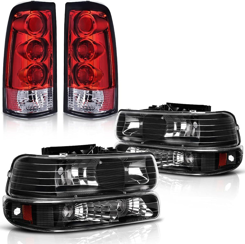Black Housing Replacement Headlights + Red Lens Taillights Combo I26270