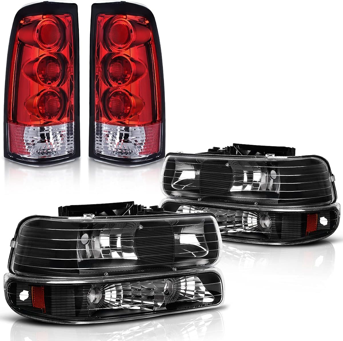 Black Housing Replacement Headlights + Red Lens Taillights Combo I26270