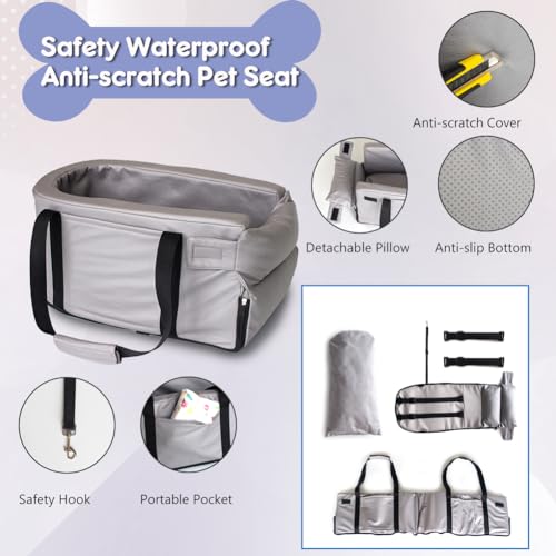 Small Dog Car Seat Center Console, Waterproof Grey Leather Pet Booster X81976