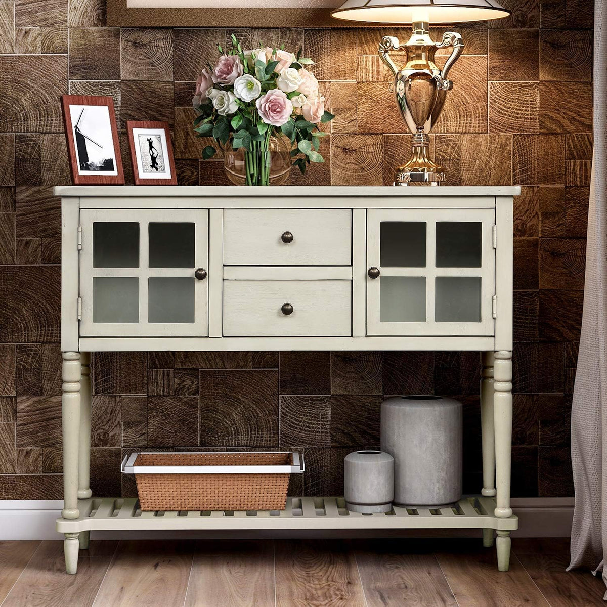 Antique Navy Console Table with Glass Doors and Drawers V68178