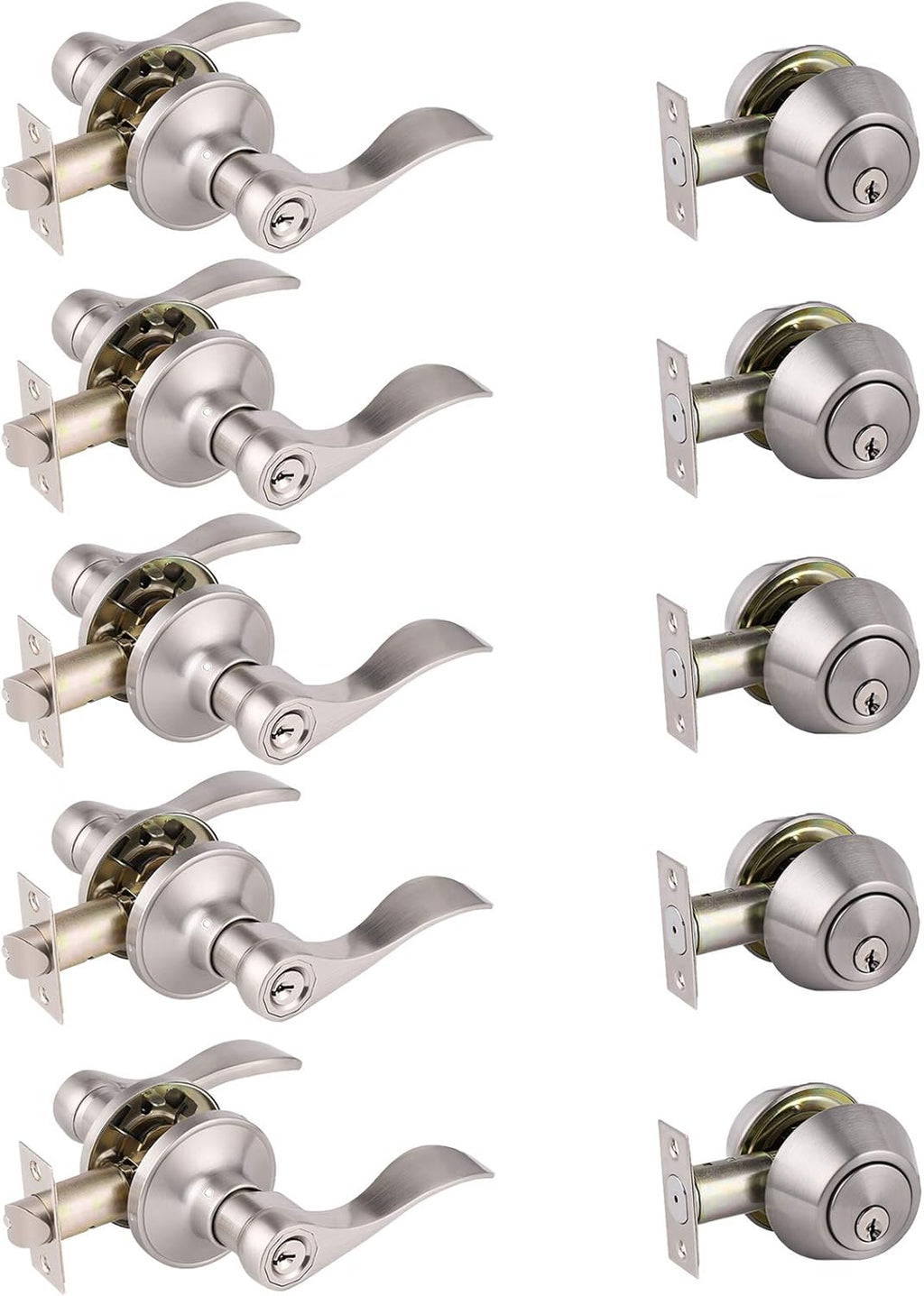 5 Pack Satin Nickel Keyless Interior Door Levers Locksets A81083