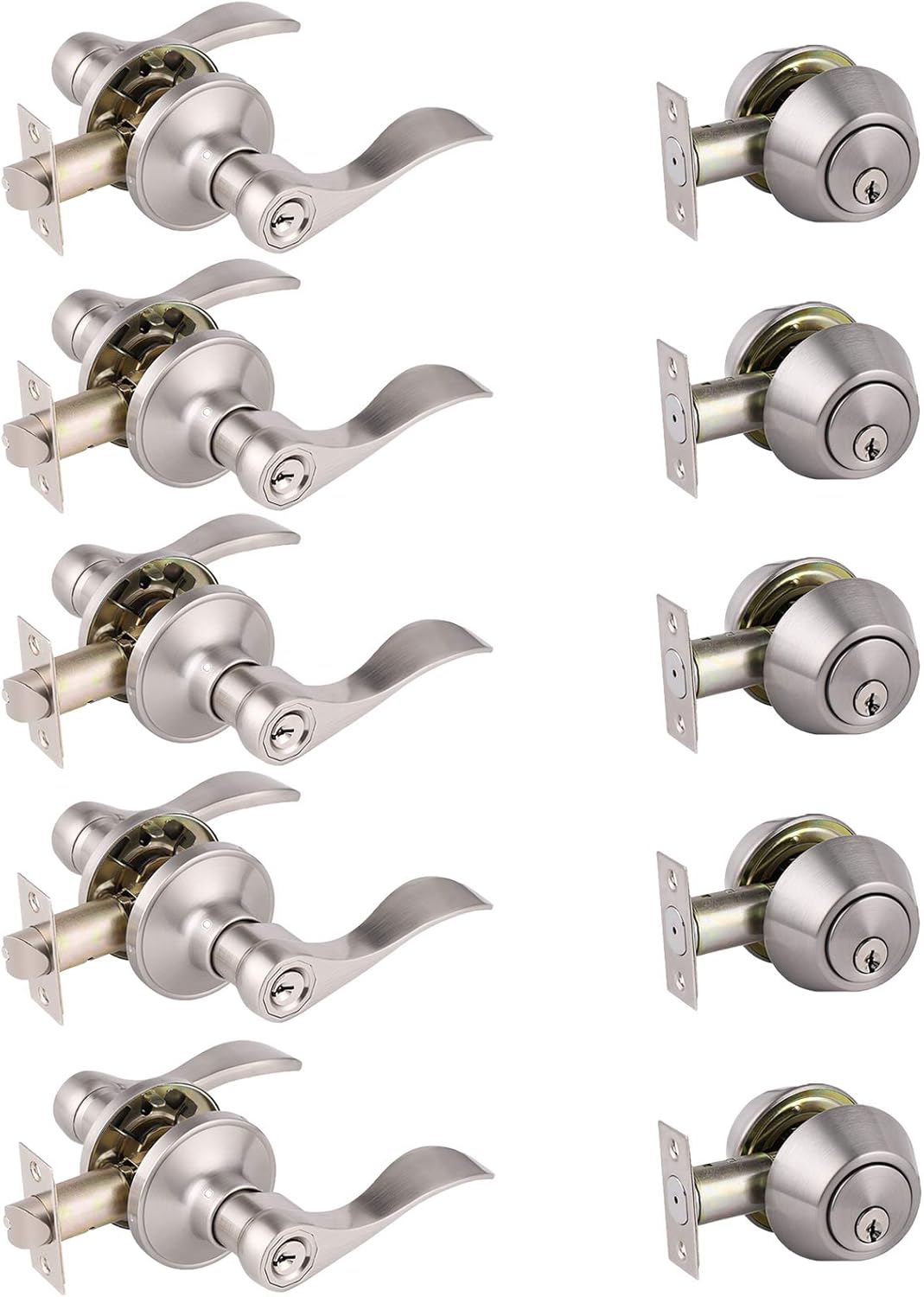 5 Pack Satin Nickel Keyless Interior Door Levers Locksets A81083