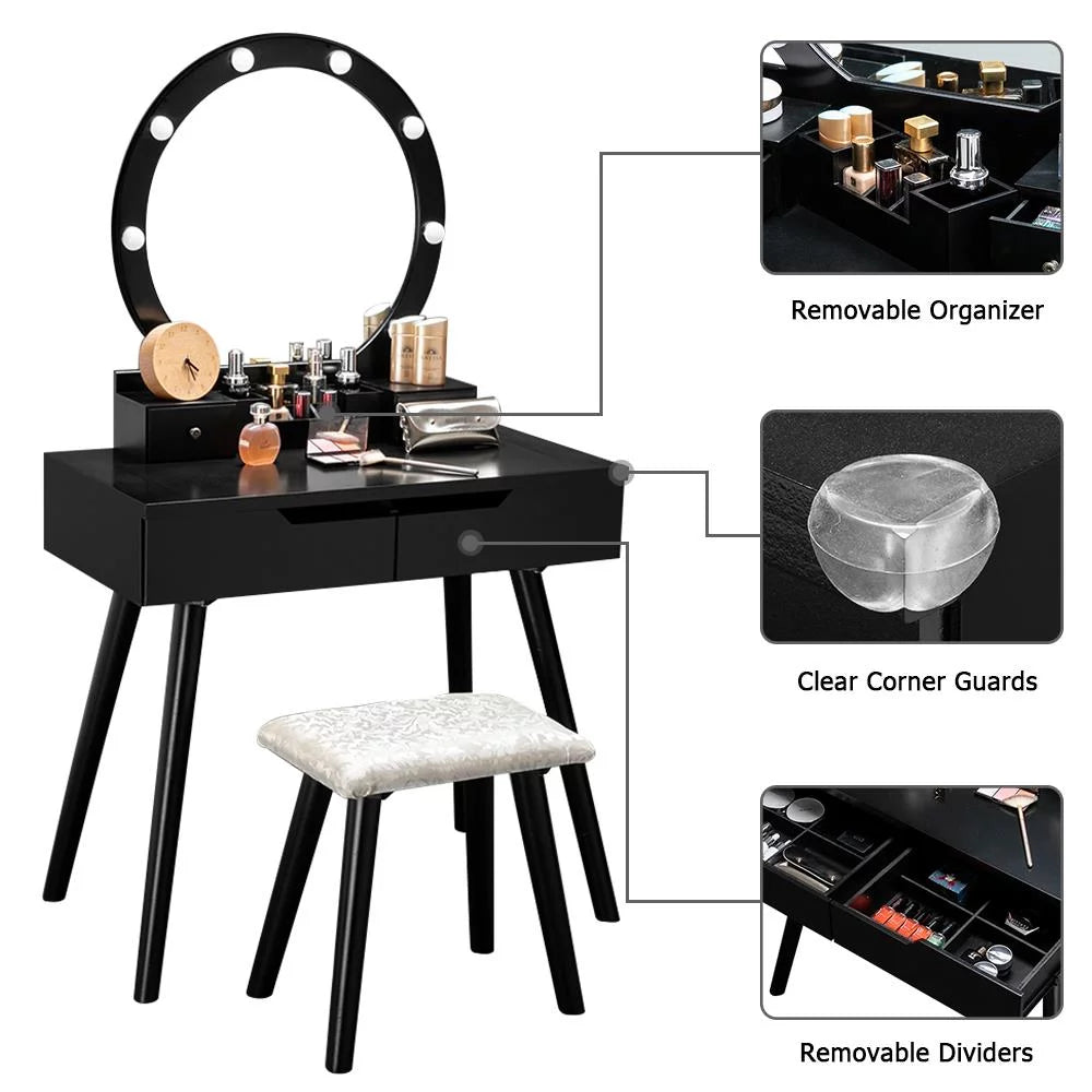 Black Wooden Dressing Table with Lighted Mirror and Cushioned Stool M618892