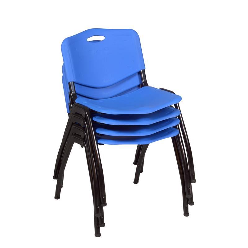 Mocha Walnut Round Breakroom Table with 4 Blue Stack Chairs N954