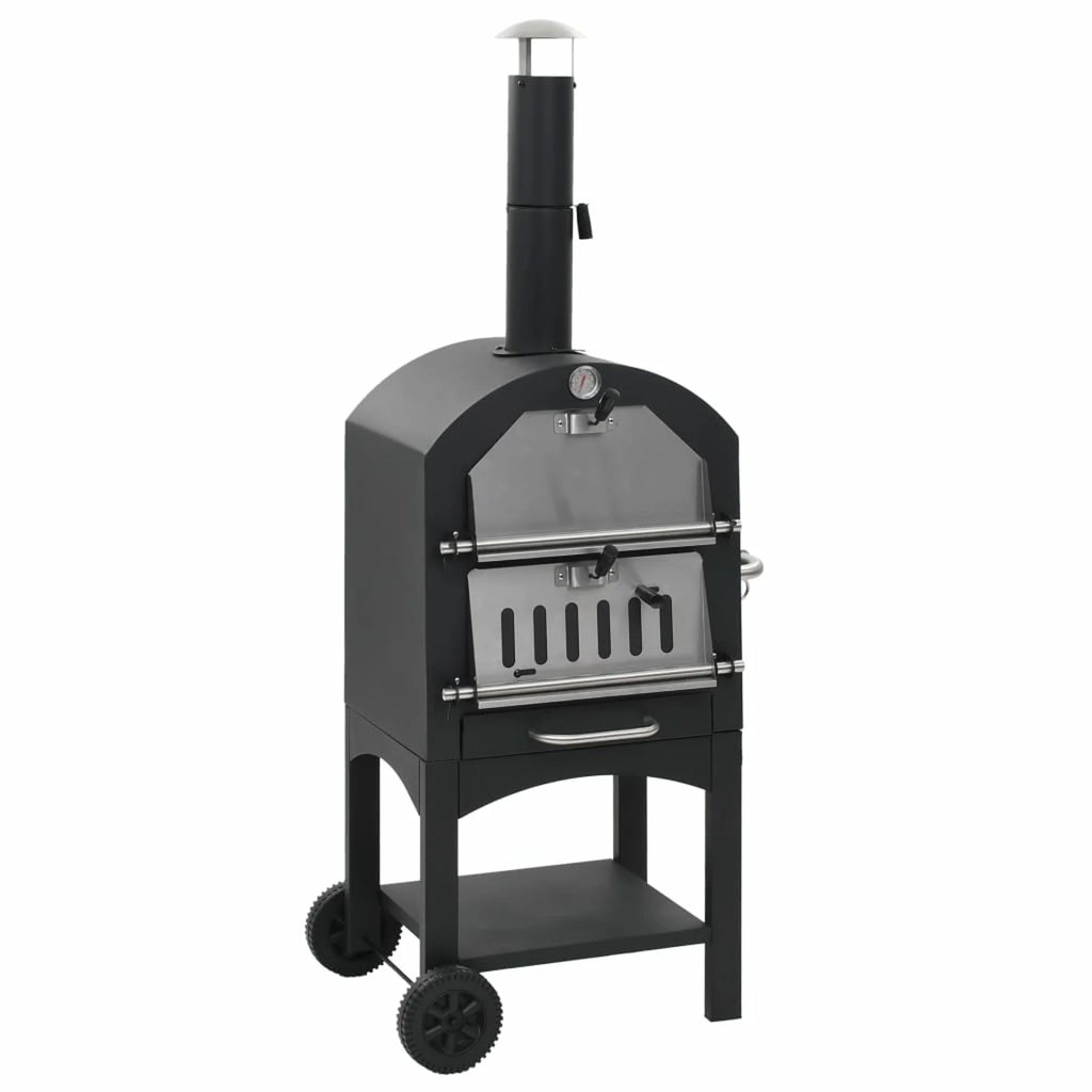Charcoal Fired BBQ Grill Pizza Oven with Bottom Shelf and Fire Tray Wheeled Steel V62256