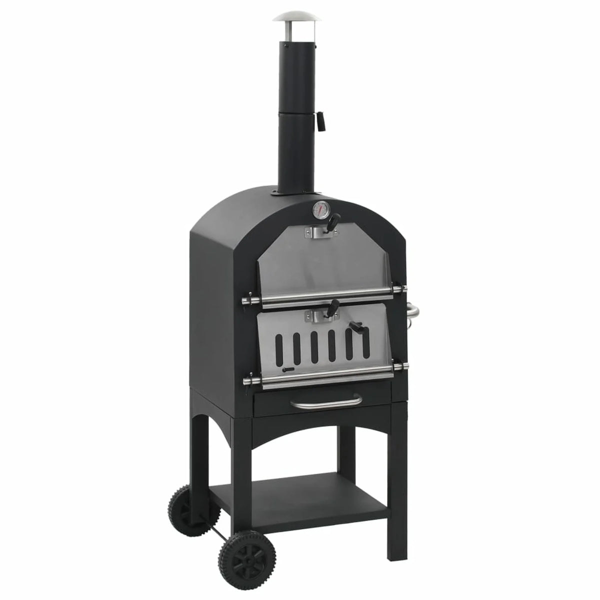Charcoal Fired BBQ Grill Pizza Oven with Bottom Shelf and Fire Tray Wheeled Steel V62256