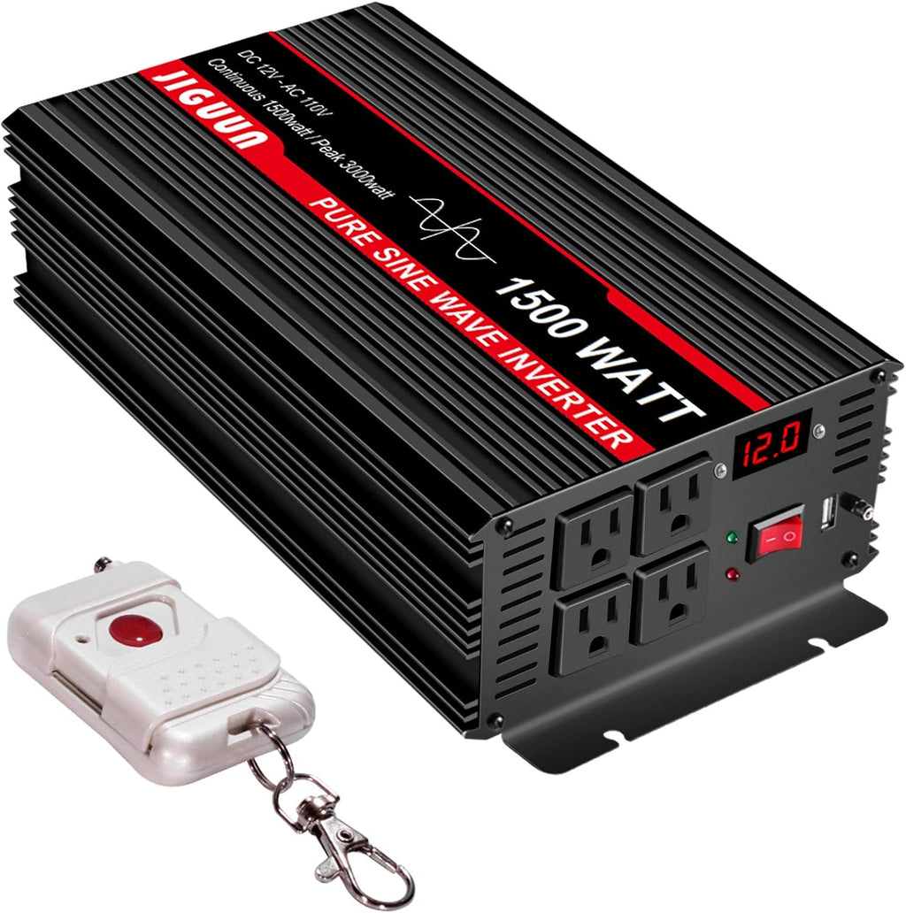 1500 Watt Pure Sine Wave Inverter 12V to 120V with AC Outlets USB F20412
