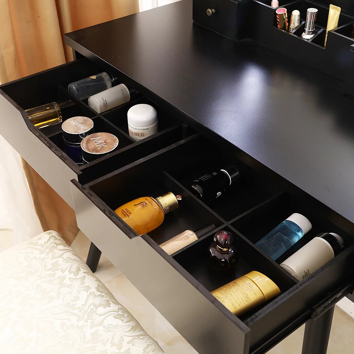 Black Wooden Dressing Table with Lighted Mirror and Cushioned Stool M618892
