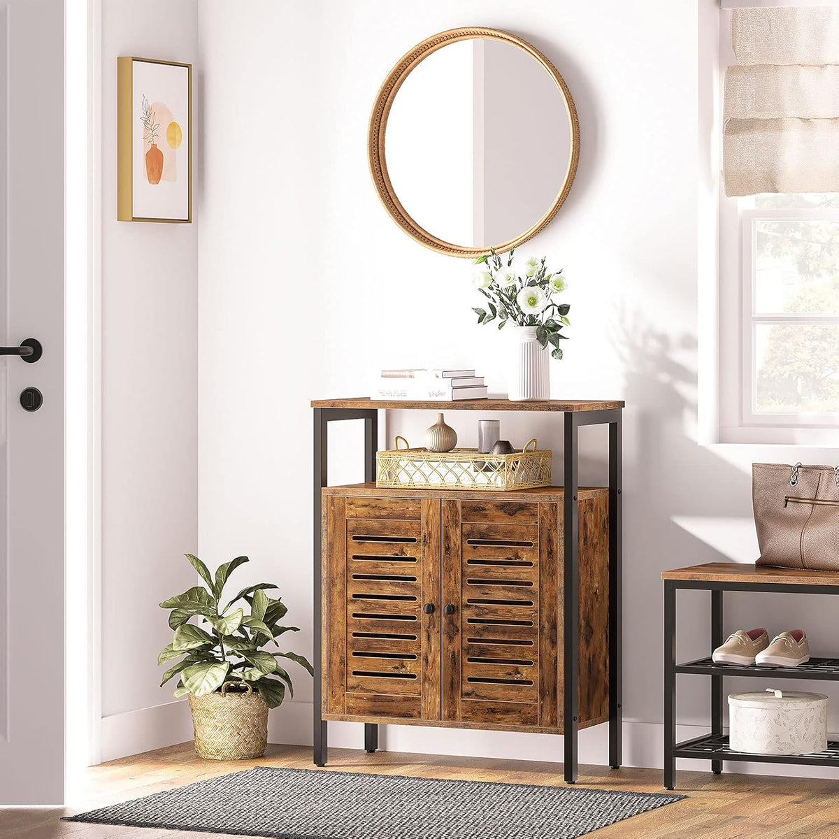 Rustic Brown Floor Storage Cabinet with Hidden Adjustable Shelf L2591