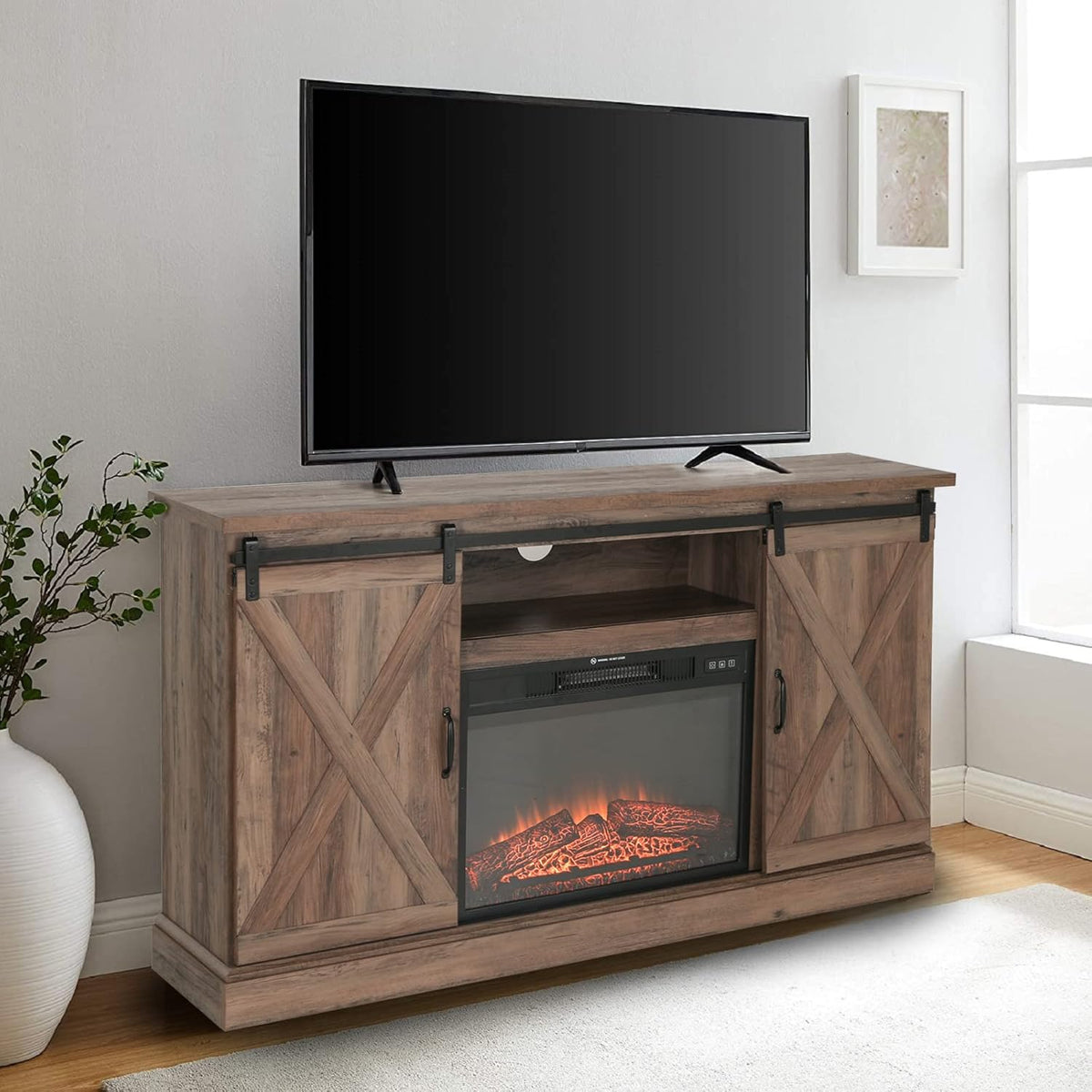 Electric Fireplace TV Stand for TVs Up to 65 with Barn Door Storage Cabinet L598600