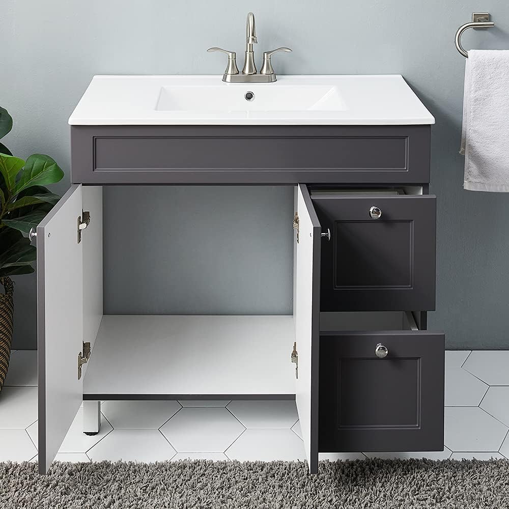 36 Grey Bathroom Vanity Sink Cabinet Set with White Ceramic Countertop O247737