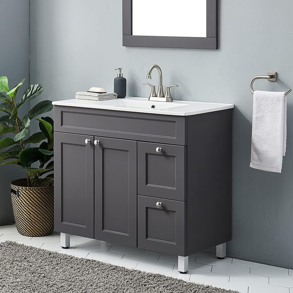 36 Grey Bathroom Vanity Sink Cabinet Set with White Ceramic Countertop O247737