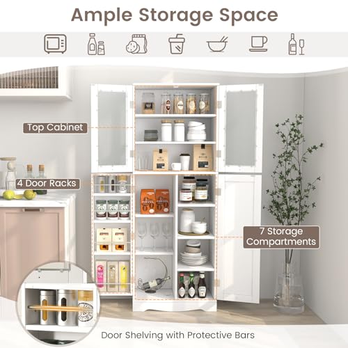 White Tall Kitchen Pantry Storage Cabinet with Glass Doors X68295