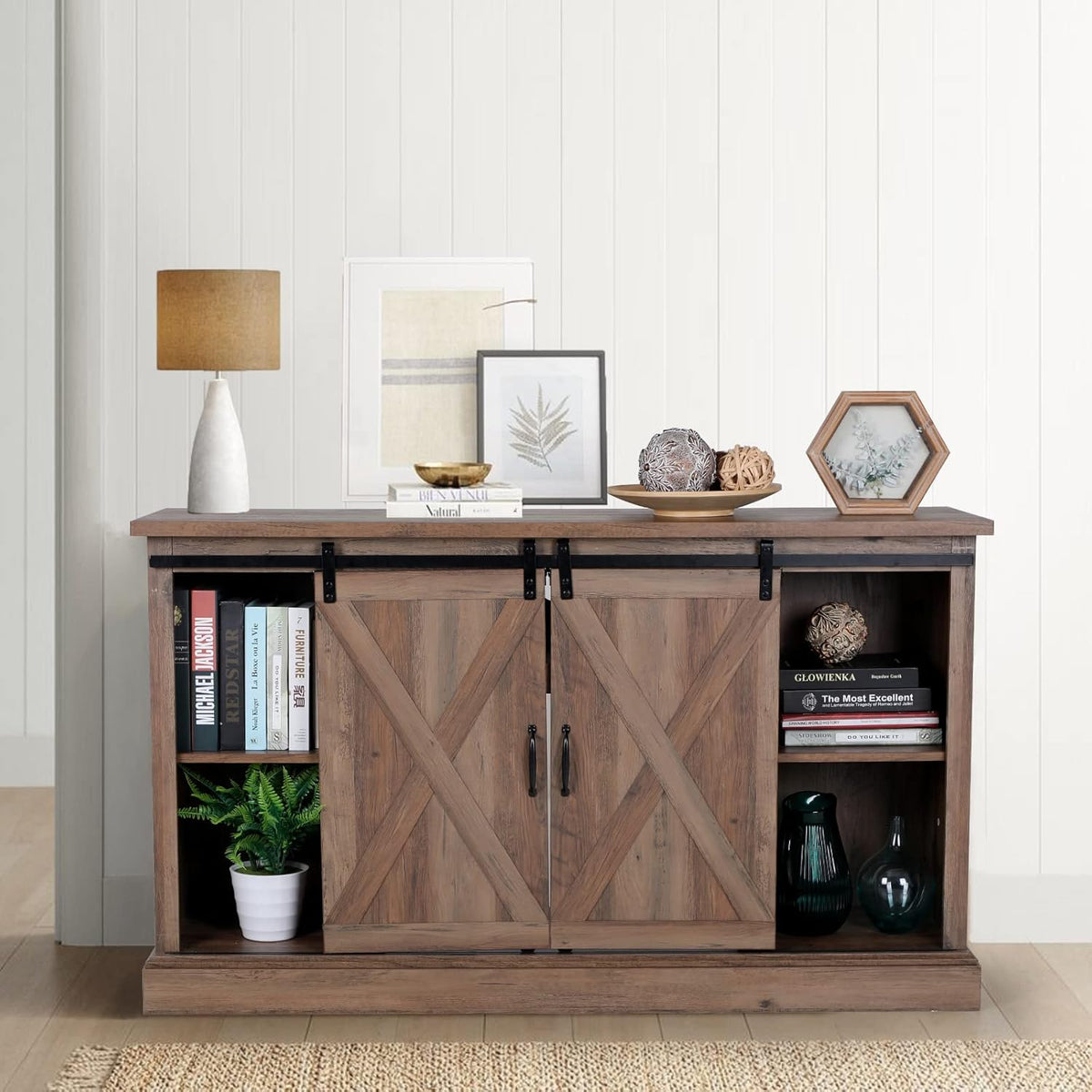Electric Fireplace TV Stand for TVs Up to 65 with Barn Door Storage Cabinet L598600