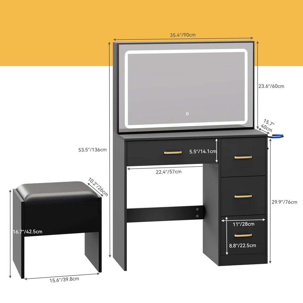 Charcoal Black Makeup Vanity Table with Mirror and LED Lights J5500