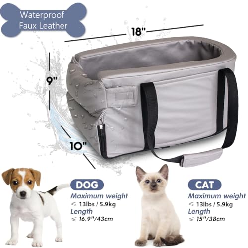 Small Dog Car Seat Center Console, Waterproof Grey Leather Pet Booster X81976