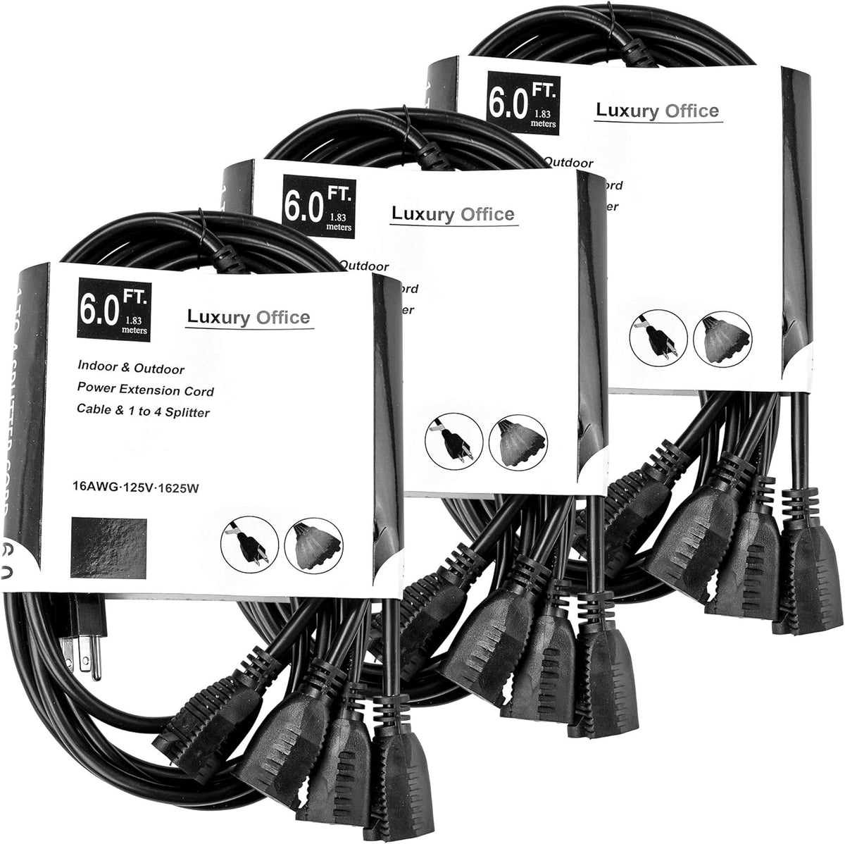 4 Way Power Splitter 1 to 4 Cable Strip 3 Pronged Outlet Black SJT 16 AWG 3 Pack H618033