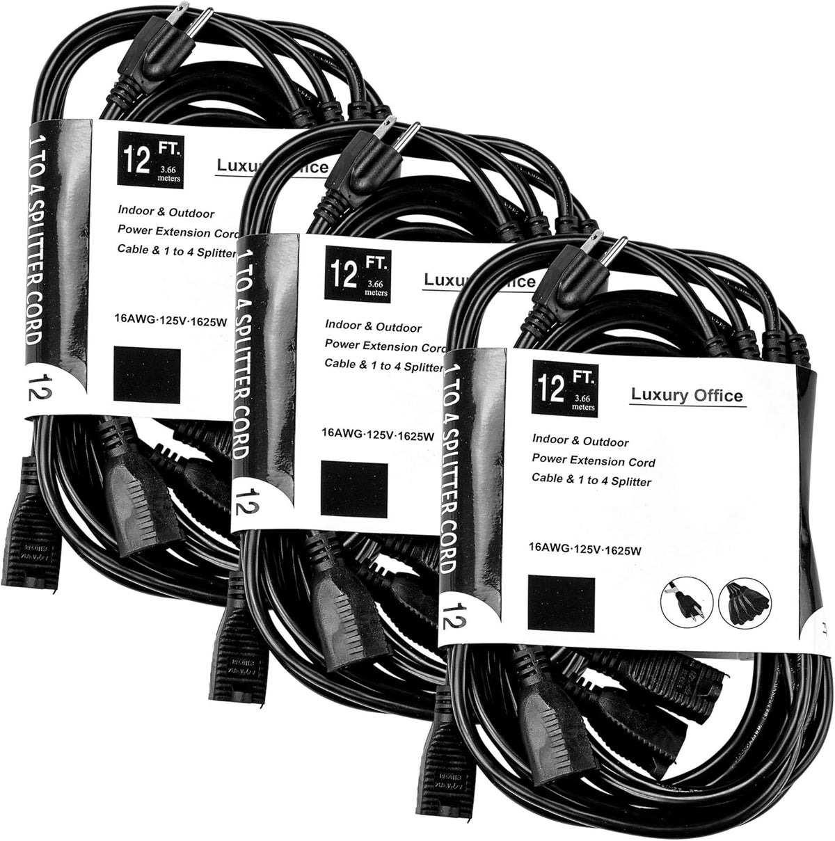 4 Way Power Splitter 1 to 4 Cable Strip 3 Pronged Outlet Black SJT 16 AWG 3 Pack H618033