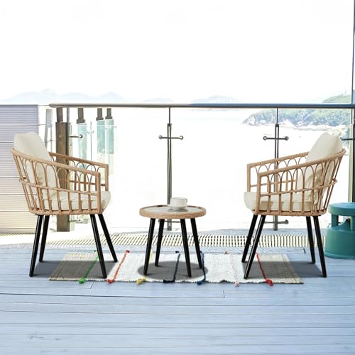 Beige 3 Piece Outdoor Wicker Bistro Set with Cushions Z85874