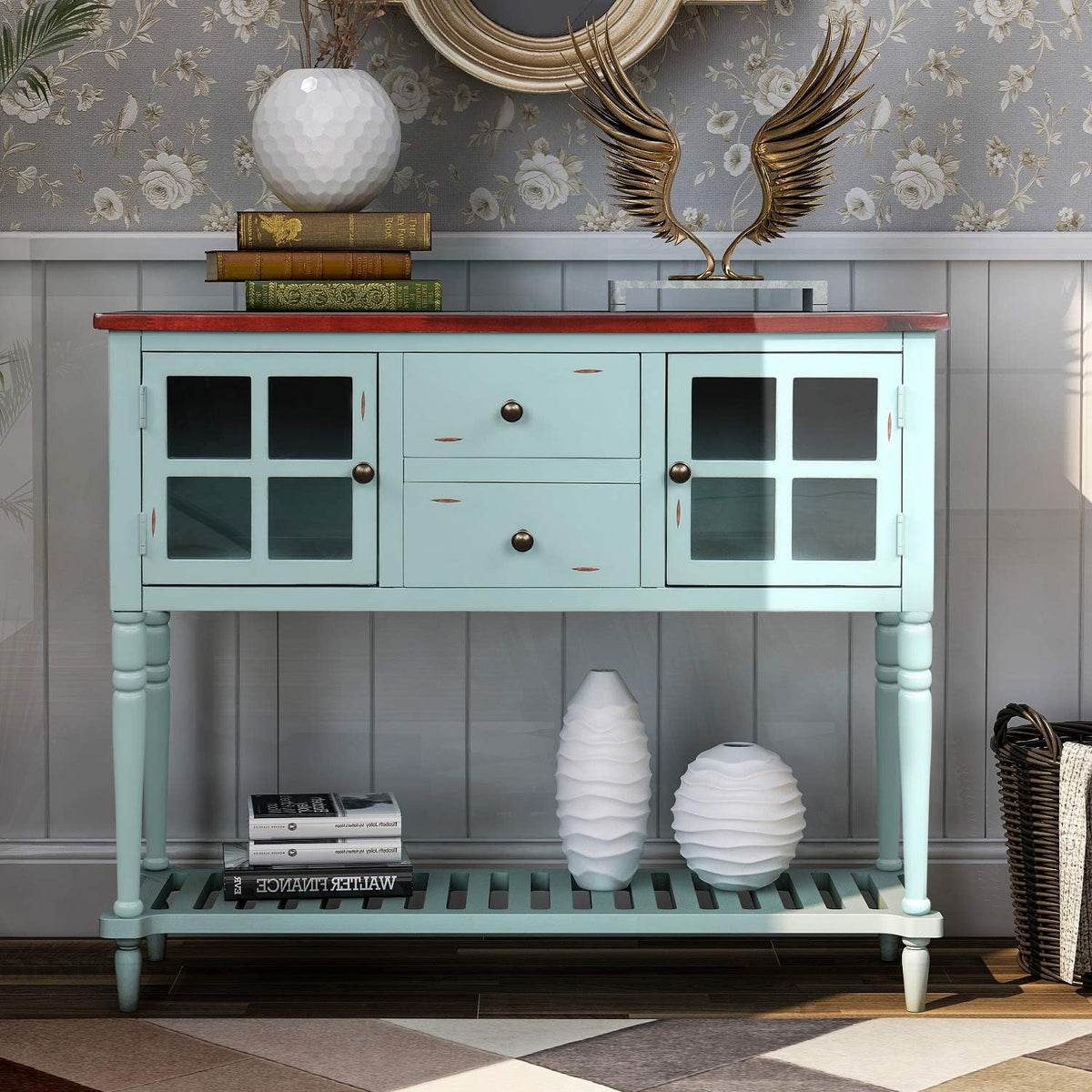 Antique Navy Console Table with Glass Doors and Drawers V68178