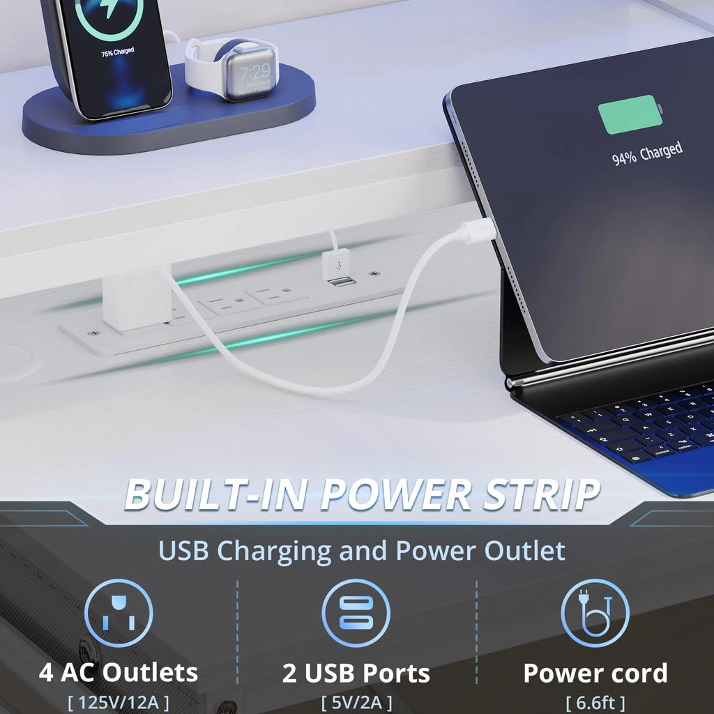 L Shaped Computer Desk with Power Outlet and LED Strip, Black G2205