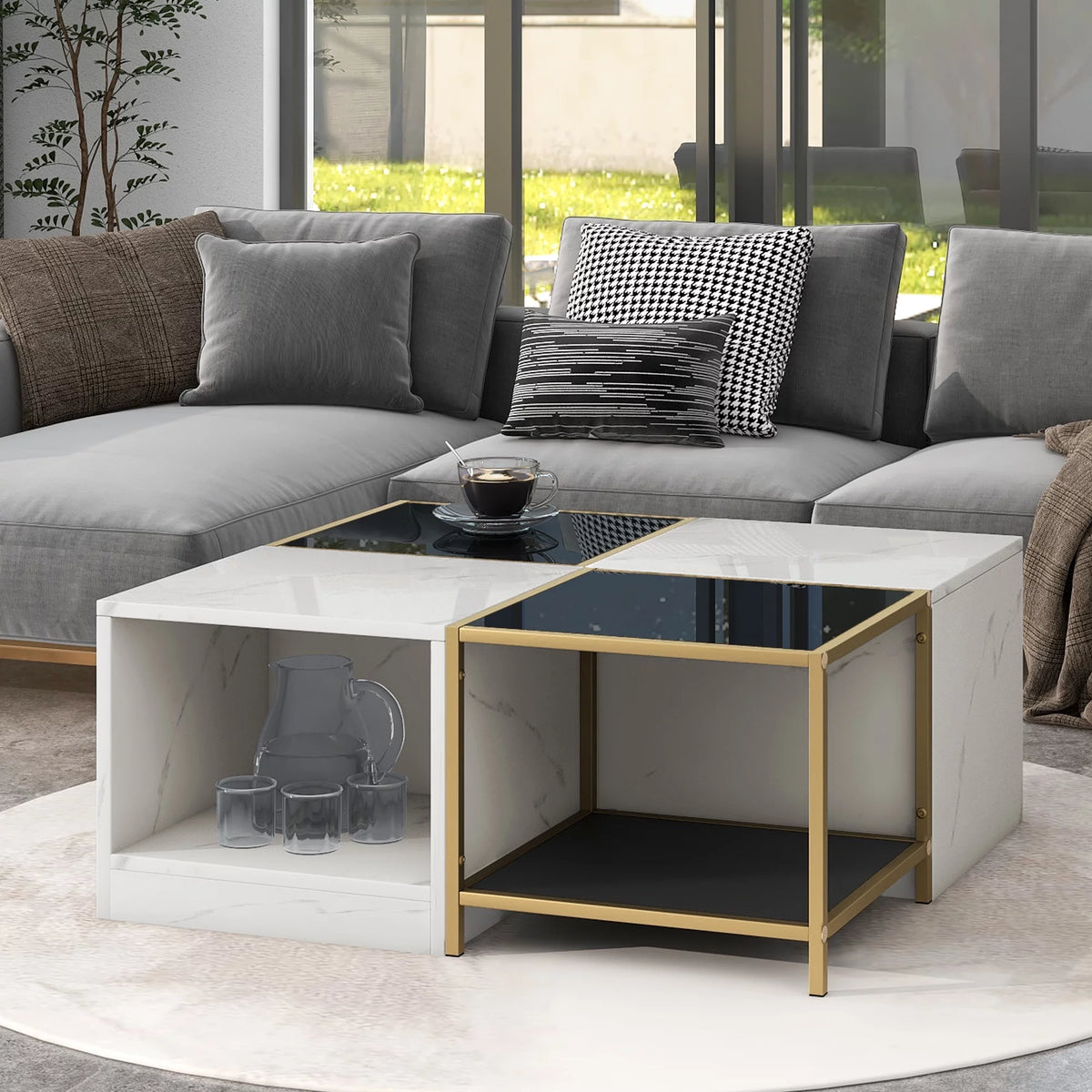 High Gloss White Marble Coffee Table with Metal Frame M508469