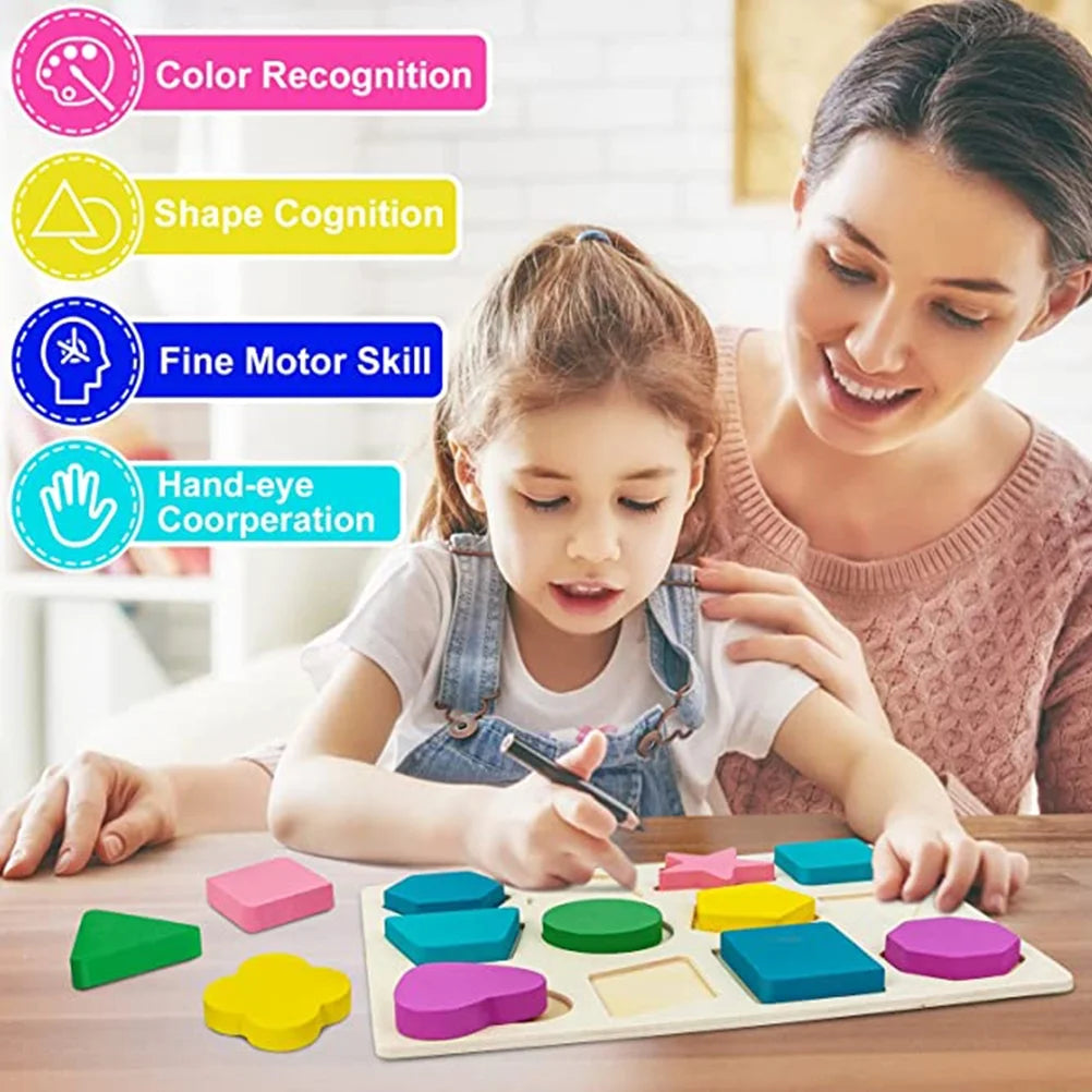 Wooden Puzzles Geometric Shapes Color Learning Toys A3856