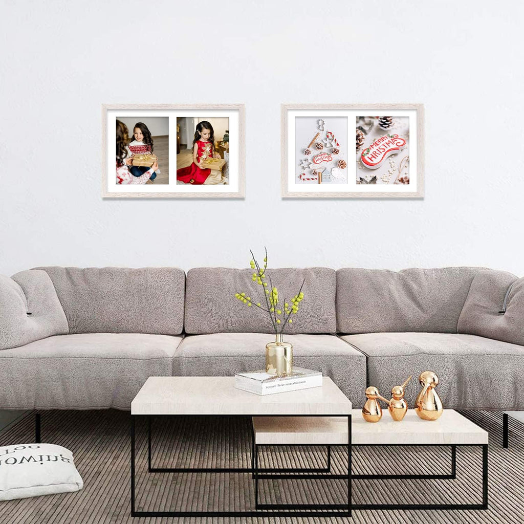 Set of 2 Distressed White Wood Picture Frame for Four 4x6 Photos or Two 8x10 Pictures with Real Glass Q405