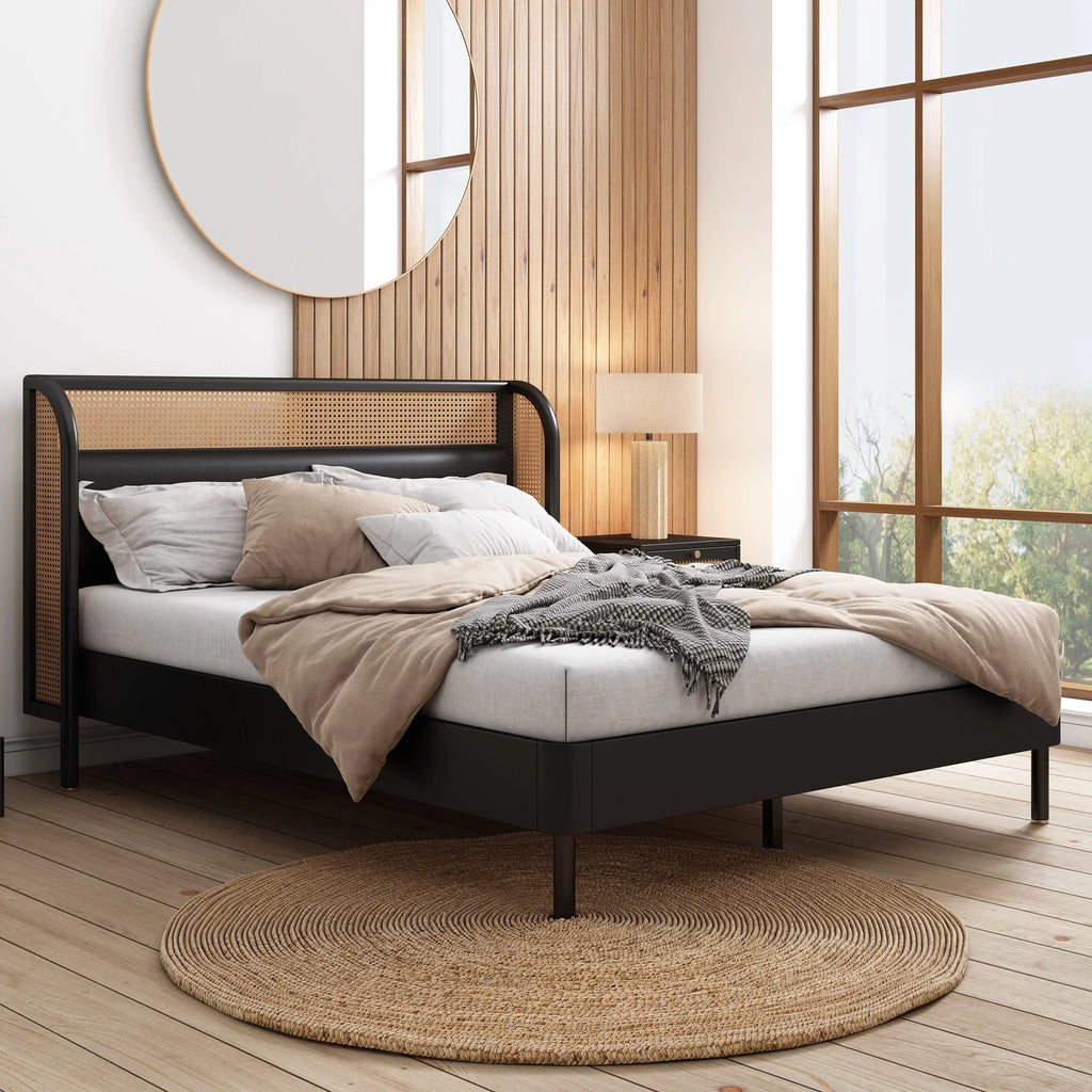 Queen Size Black Rattan Wood Platform Bed with PU Leather Headboard H611269
