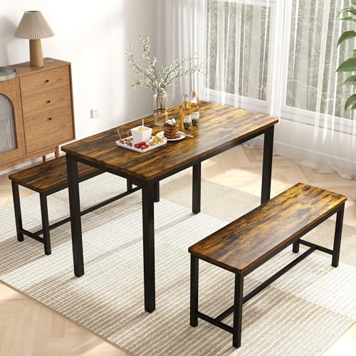3-Piece Grey Dining Table Set with 2 Benches K163219