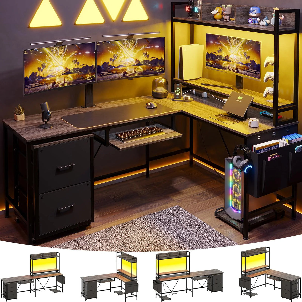 L Shaped Computer Desk with Power Outlet and LED Strip, Black G2205