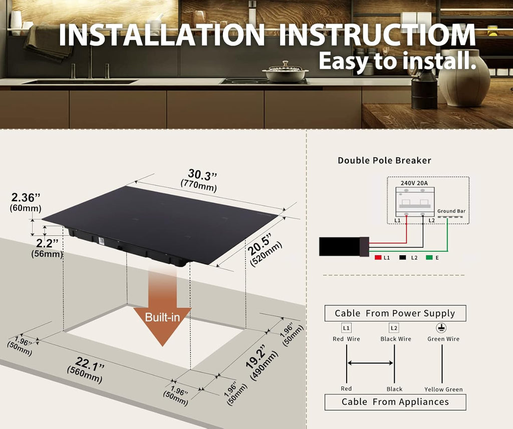 Induction Cooktop 30 Inch, 4 Burner 7000W, Built-in, 220-240V, 9 Power Levels, Timer & Kid Safety Lock A20361
