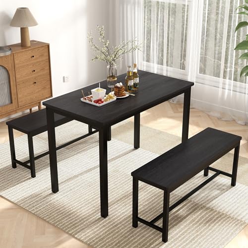 3-Piece Grey Dining Table Set with 2 Benches K163219