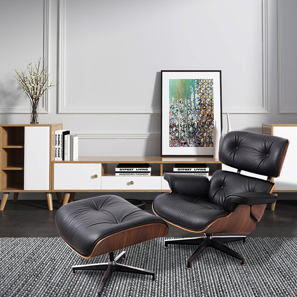 Black Tufted Leather Swivel Lounge Chair with Ottoman W854