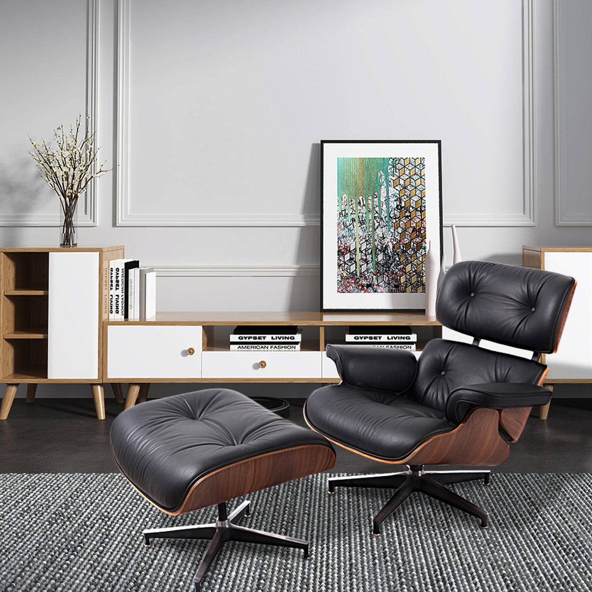 Black Tufted Leather Swivel Lounge Chair with Ottoman W854