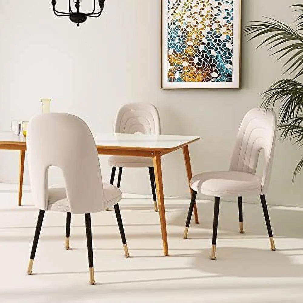 Beige Velvet Upholstered Dining Chairs with Black Gold Legs V4212