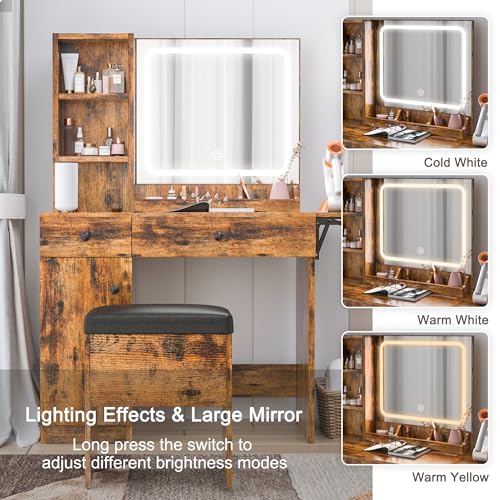 White Vanity Desk with Lighted Mirror and Stool J313902