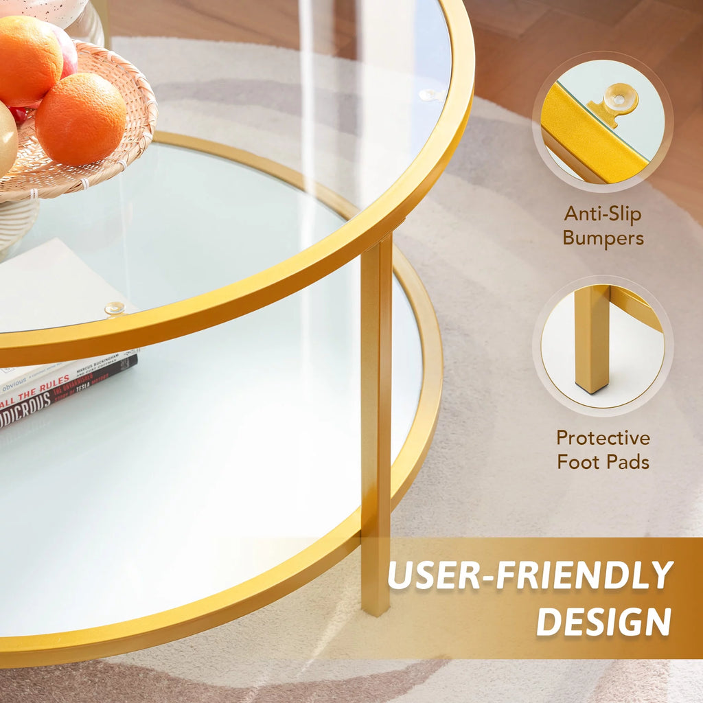 Glass Coffee Table with Storage Shelf Metal Frame Gold I98952