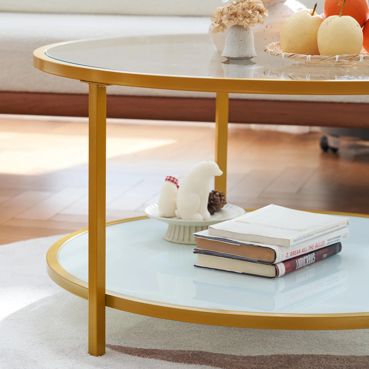 Glass Coffee Table with Storage Shelf Metal Frame Gold I98952