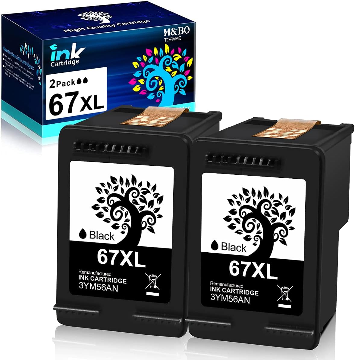 2 Black Remanufactured Ink Cartridges for HP 67 67XL G660136