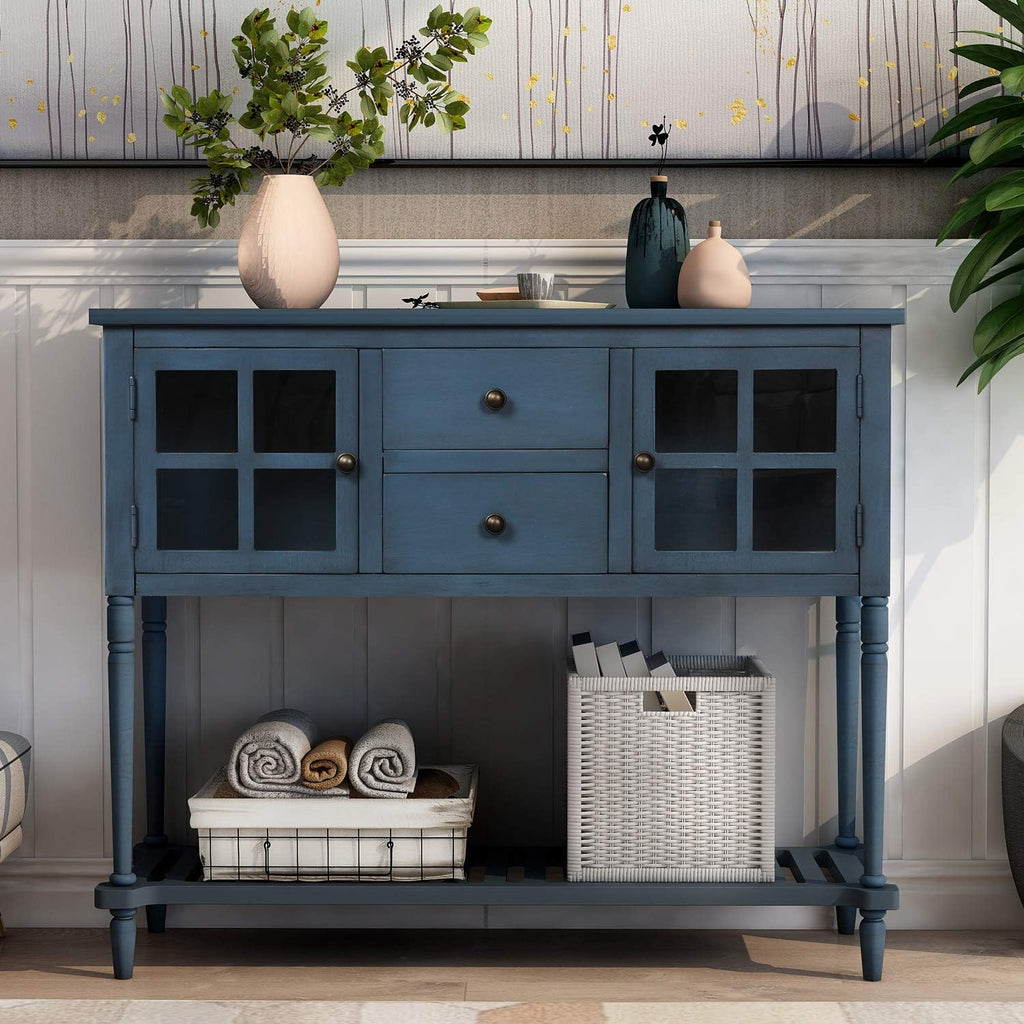 Antique Navy Console Table with Glass Doors and Drawers V68178