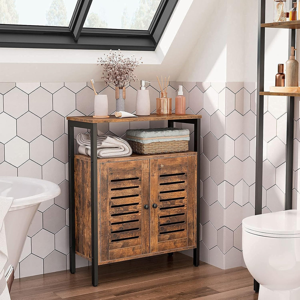 Rustic Brown Floor Storage Cabinet with Hidden Adjustable Shelf L2591