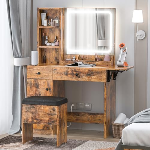 White Vanity Desk with Lighted Mirror and Stool J313902