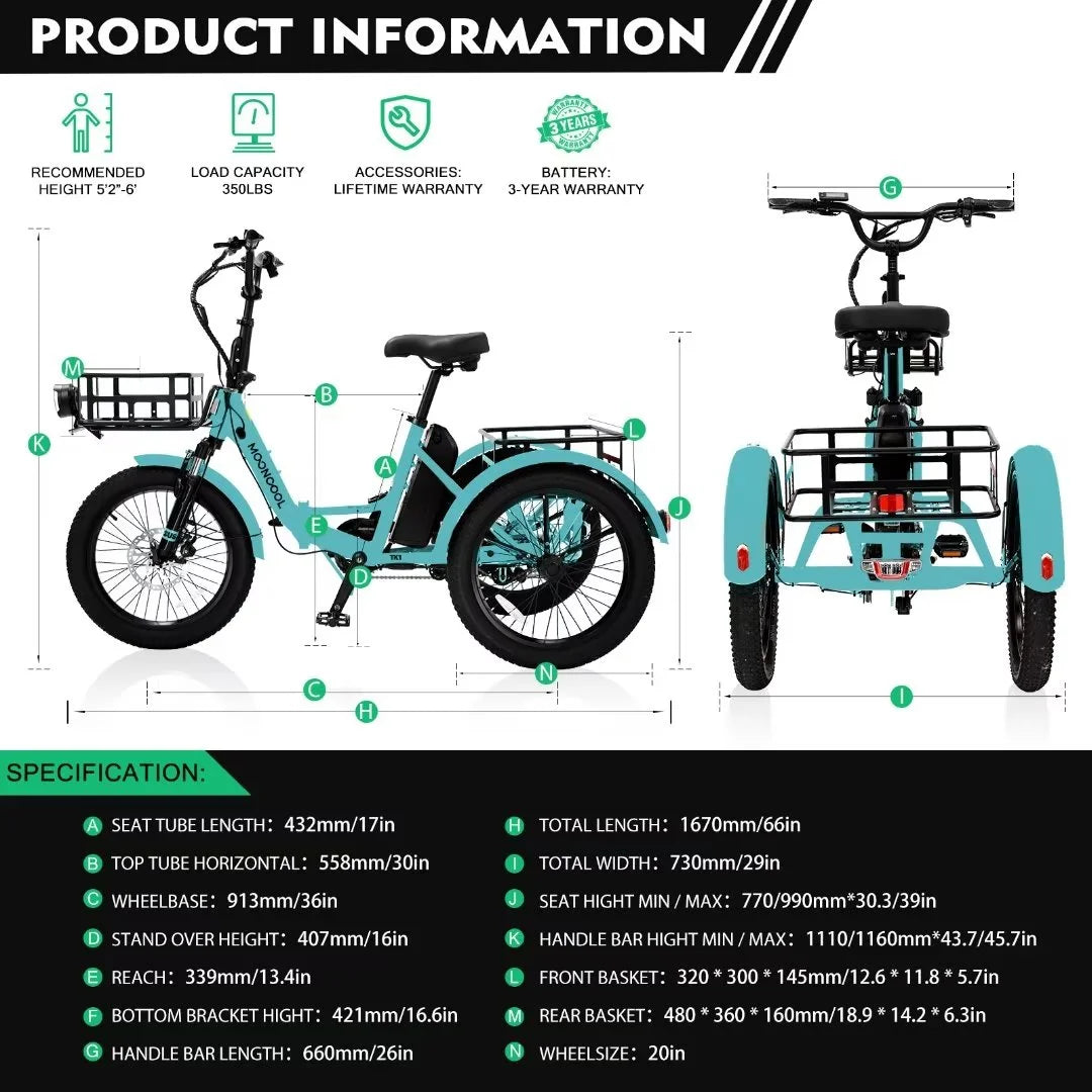 Electric Folding Tricycle with 500W Motor 48v 14.5Ah Battery 20*3in Fat Tires Q53985