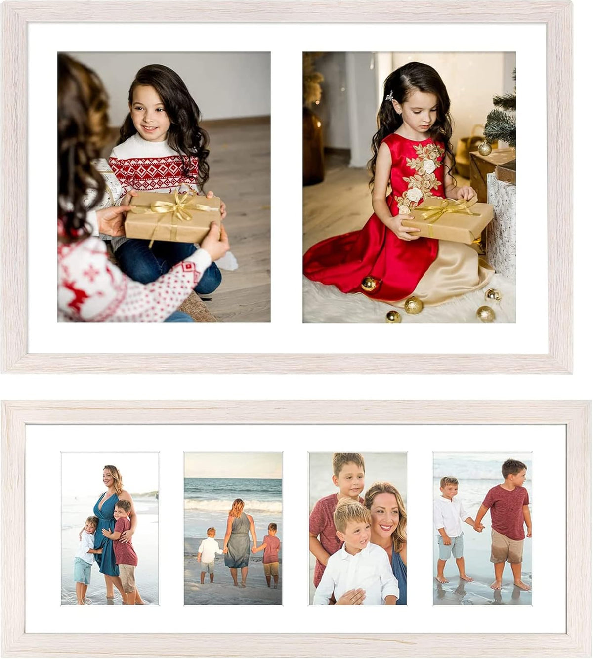 Set of 2 Distressed White Wood Picture Frame for Four 4x6 Photos or Two 8x10 Pictures with Real Glass Q405