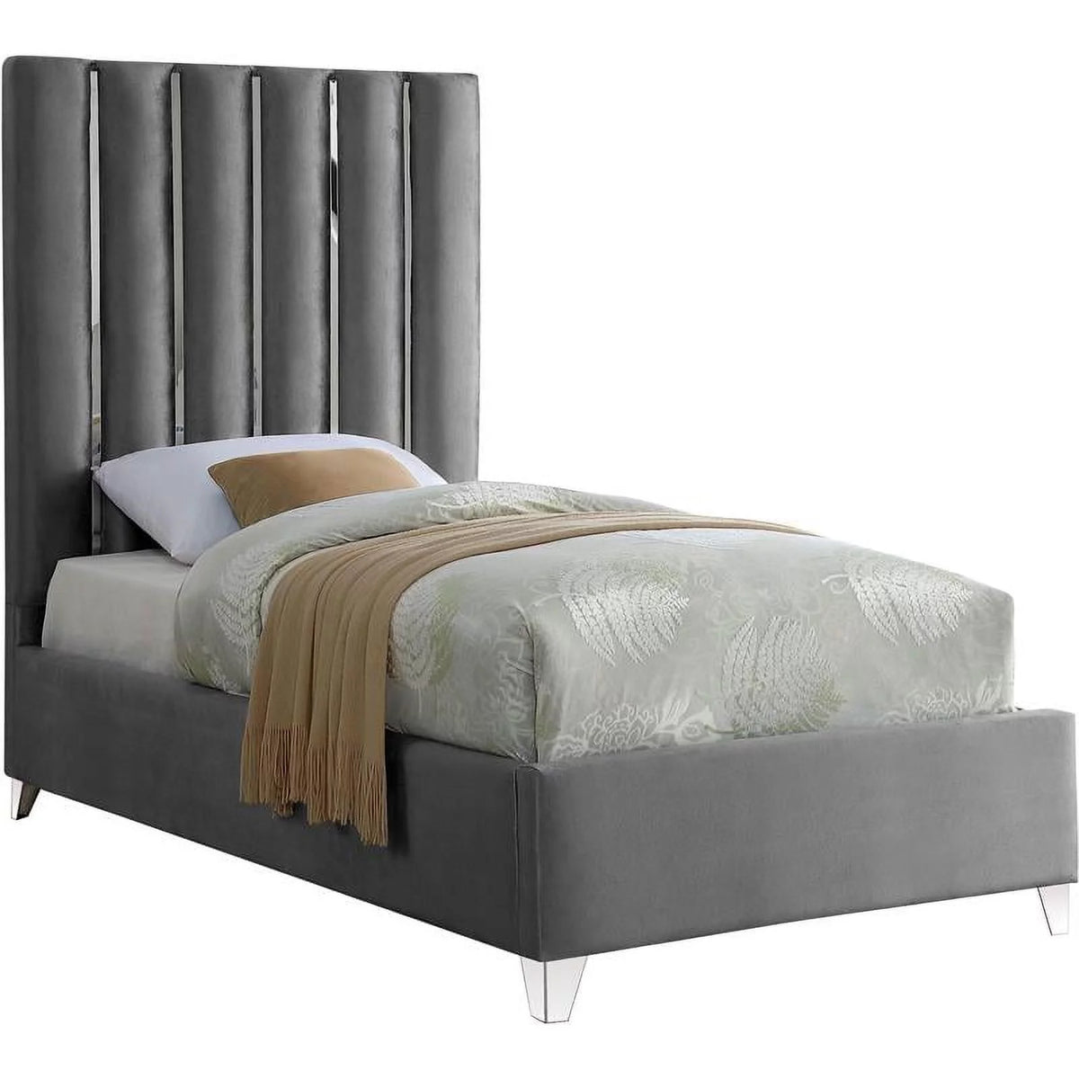 Solid Wood and Velvet Twin Bed in Gray F192