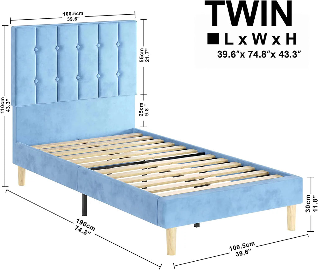 Light Blue Velvet Upholstered Twin Platform Bed Frame C847