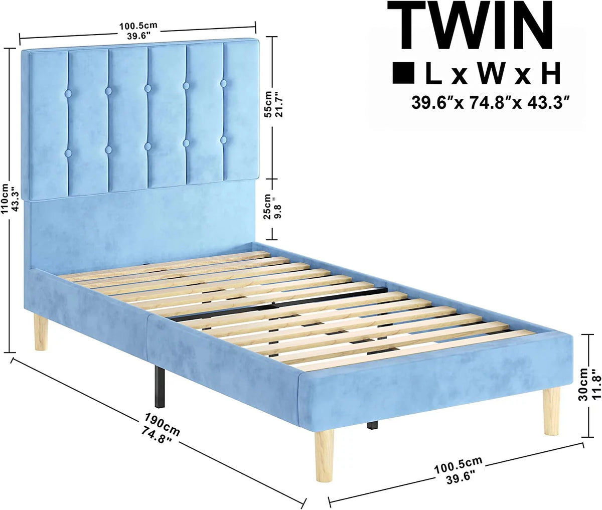 Light Blue Velvet Upholstered Twin Platform Bed Frame C847