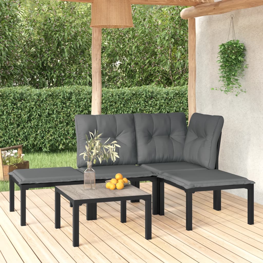 5 Piece Outdoor Patio Furniture Set, Black Poly Rattan Sectional Sofa with Dark Gray Cushions X2419