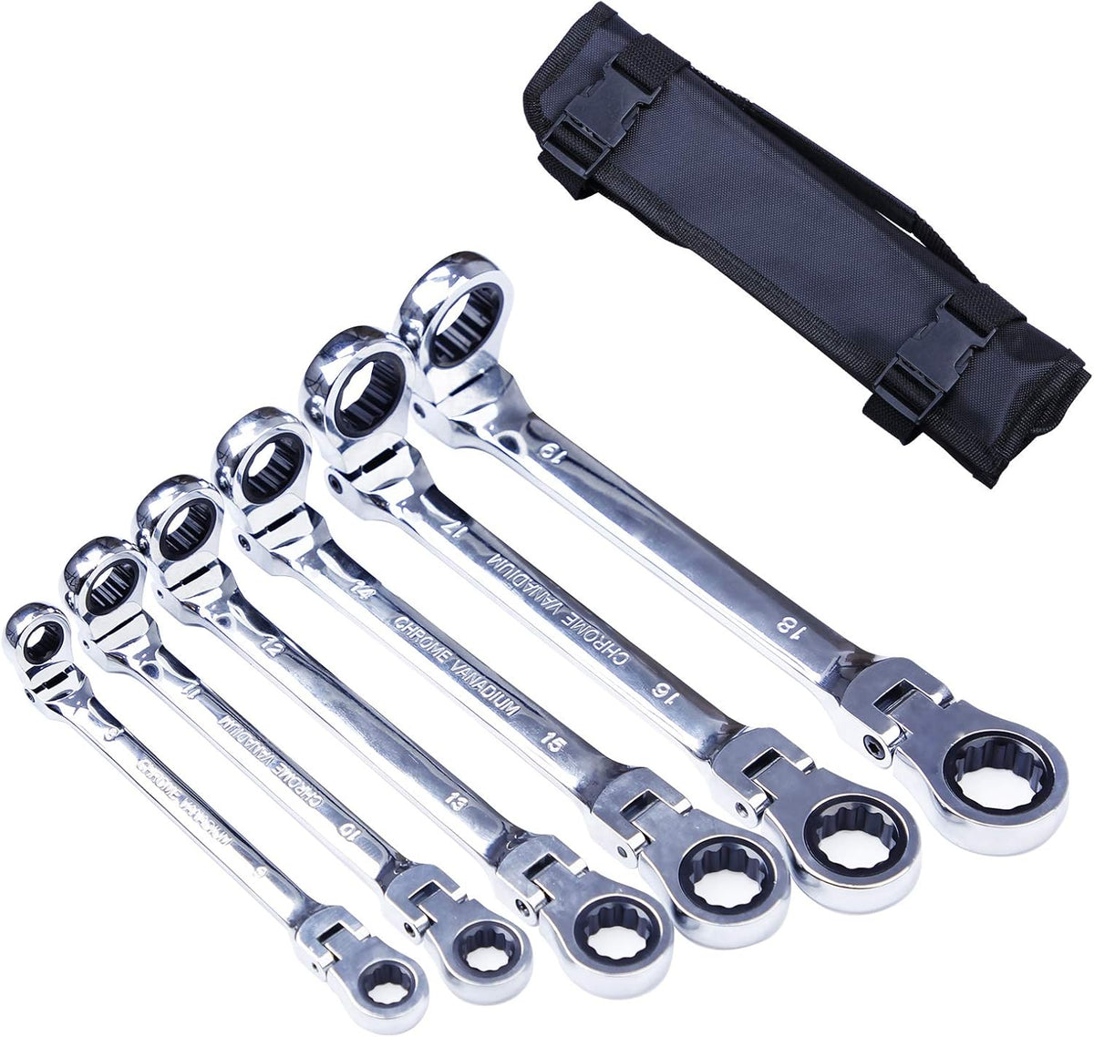 8-19mm Chrome Vanadium Steel Ratchet Wrench Set with Organizer Pouch, 6-Piece Pack of 2 Q6830